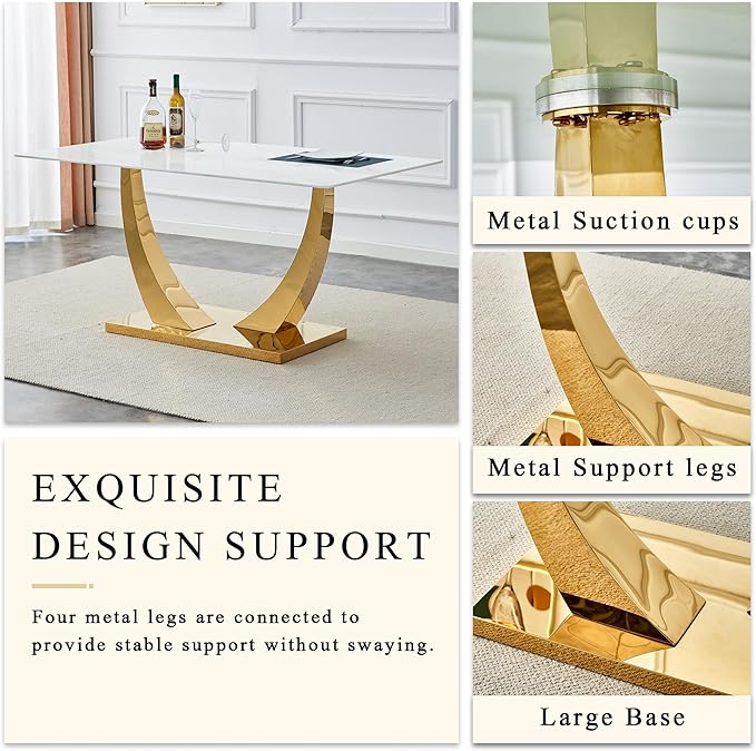63" Modern Dining Table Set for 6, White Dining Room Set for 6, Tempered Glass Kitchen Table and PU Leather Chairs, Marble Pattern Top with Sturdy Gold Chrome Base
