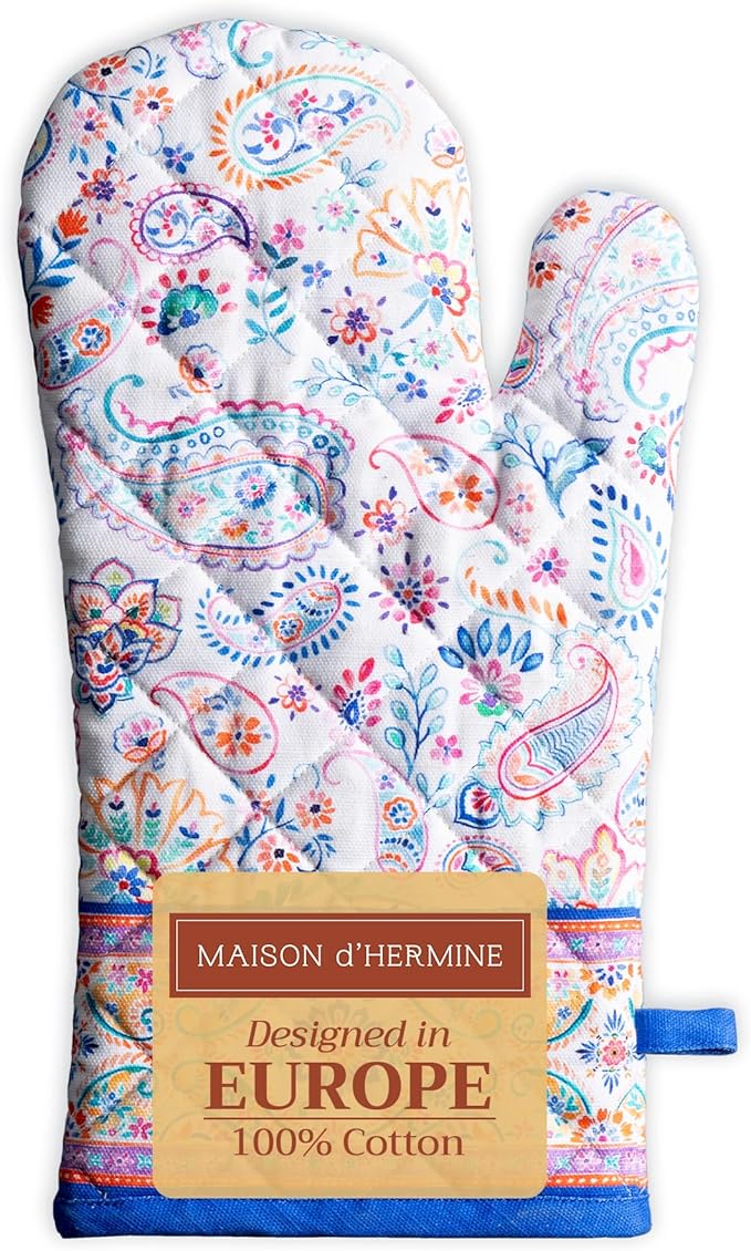 Maison d' Hermine Oven Gloves 100% Cotton Oven Mitt 7" x 13" with Loop Heat Resistant, BBQ, Cooking Gloves, Baking, Grilling, Kitchen, Handling Hot Pans Spring/Summer (Pack of 1, Indian Floral)