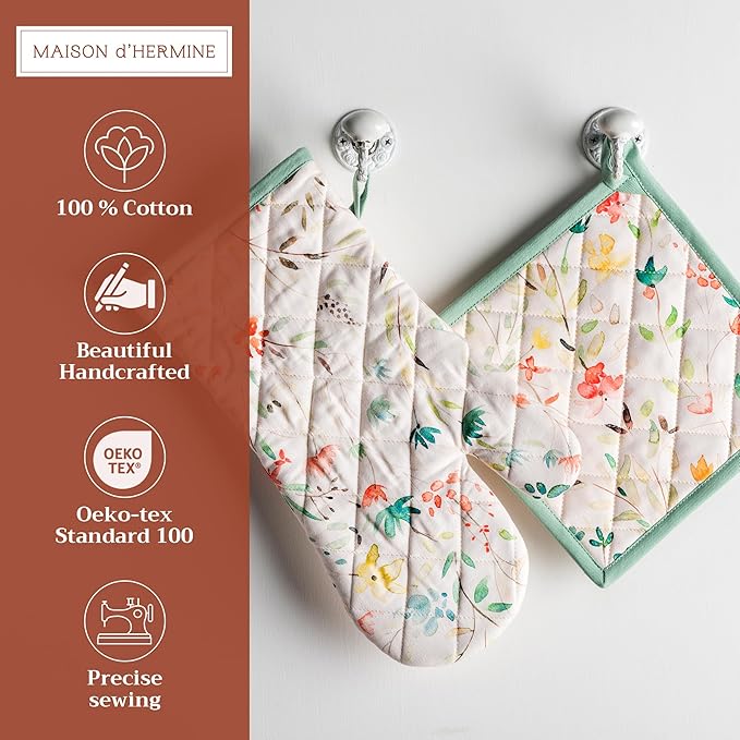 Maison d' Hermine 100% Cotton Oven Mitt & Pot Holder Set (7.5"x13" & 8"x8") Heat Resistant BBQ Cooking Gloves with Loop, Baking, Grilling, Kitchen, Handling Hot Pans Spring/Summer (Colmar)