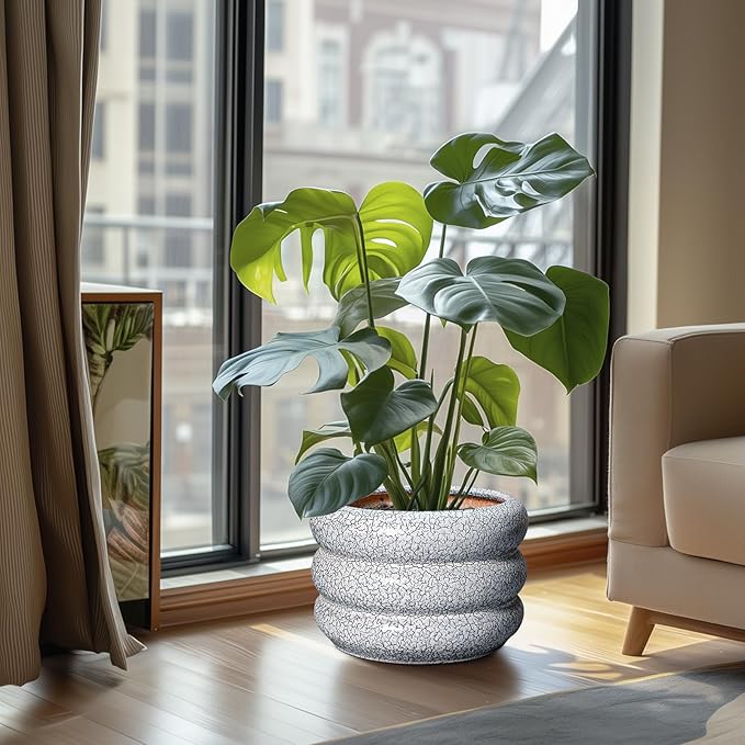 SQOWL Ceramic Planter - 10 Inch Ceramic Plant Pot Indoor, Round Planter with Drainage Hole, Modern Flower Pots Outdoor, Home Living Room Garden Decor, Gardening Gifts, Black and White