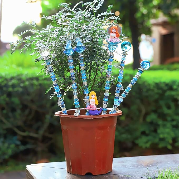 158 Pcs DIY Fairy Wand Garden Stakes Kit,Multiple Color Scheme European Beads Crystal Diamond Tops and 12 or 10 Inch Threaded Rods,Stainless Steel Stakes with Diamond Toppe(Aqua)
