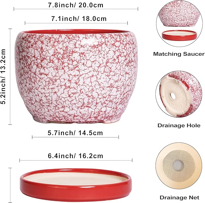 SQOWL Ceramic Pots for Plants - 8 inch Indoor Planter with Drainage Hole and Tray, Ceramic Flower Pot Outdoor, Round Decorative Planter, Bedroom Decor, Gifts for Plant Lovers, Red and White