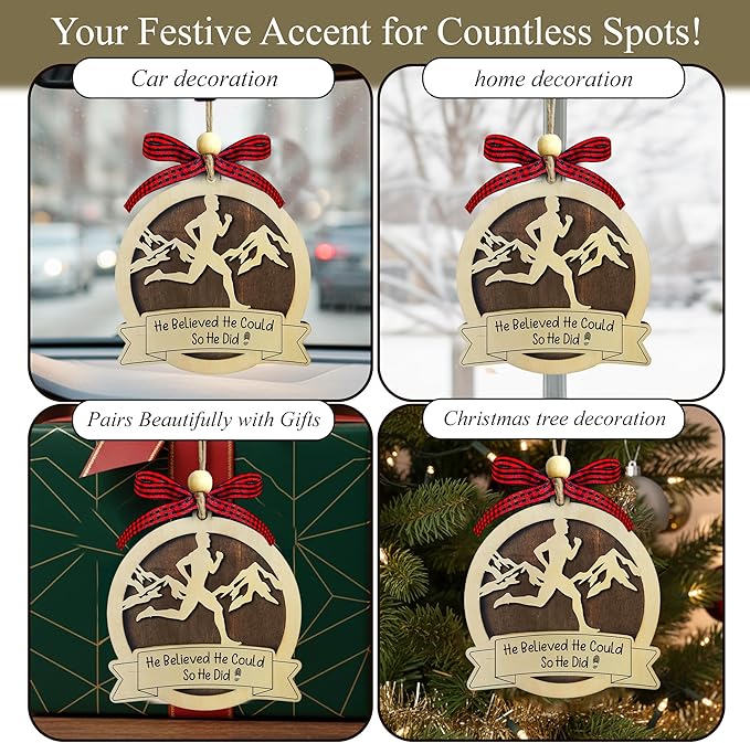 Running Christmas Ornament 2025-2 Layer Wooden Running Ornaments for Christmas Tree - Marathon Runners Wooden Xmas Tree Hanging Decor - Runner Ornament 2025 - Gifts for Runners, Cross Country Athlete