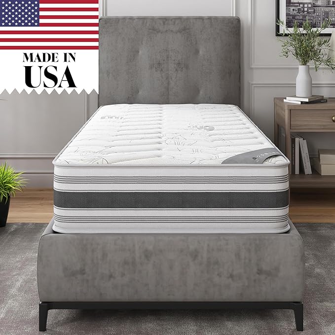 Ottomanson Twin XL 12" Hybrid Mattress - Meditation Antistatic Quilted Cover - Made in USA - Firm Support - Individually Pocketed Coils & CertiPUR-US Foam - Fiberglass-Free - Bed in a Box