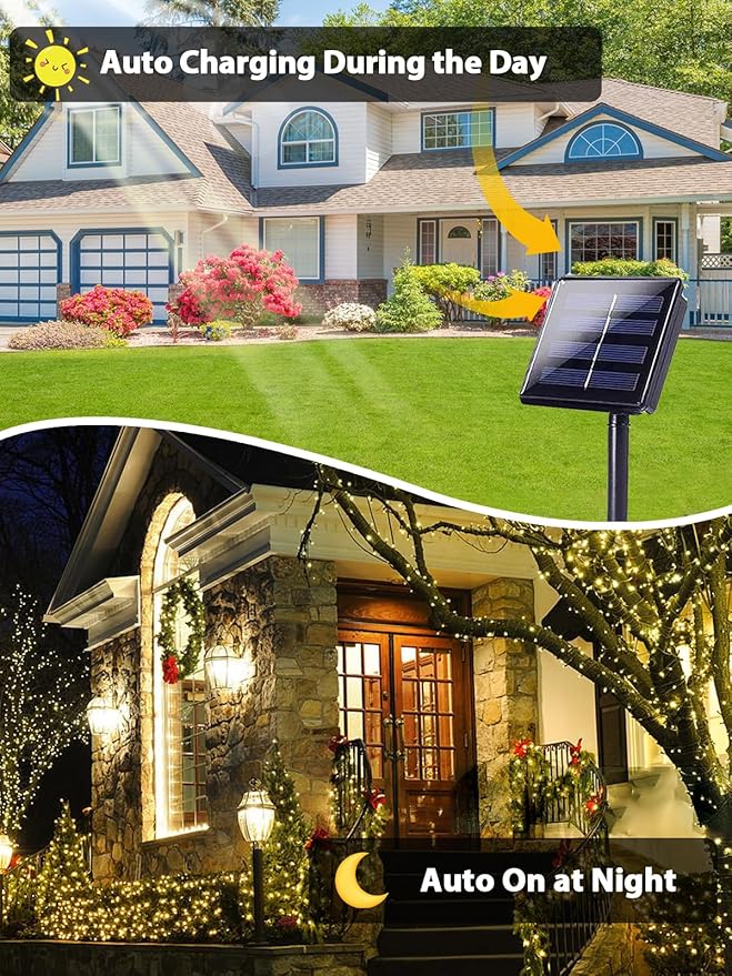 2 Pack 200 LED Solar String Lights for Outside, Solar Christmas Lights Outdoor Waterproof, Solar Outdoor String Light with 8 Lighting Modes for Xmas Tree Wedding Party Garden Decorations (Warm White)