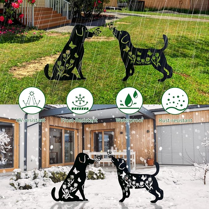 Upriver 2 Pack Metal Dog Decorative Garden Stakes, Weather Resistant Dog Silhouette Statues for Garden Patio Yard Art Outdoor Decor Lawn Ornaments, Labrador Gifts for Pet Lovers