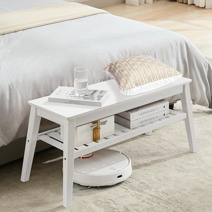 Nnewvante 33.46" Bamboo Dining Bench, 2 Tier Indoor White Storage Bench for Entryway, Outdoor Wooden Bench, Small Wood Benches for Front Porch, Living Room, Bedroom, Holds up to 300 lbs