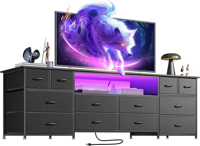 Huuger 63 Inch Dresser TV Stand with LED Lights, Power Outlets and USB-C Port, 12 Fabric Drawer Dresser for Bedroom, Wide Entertainment Center for 65, 70 Inch TV, Open Shelf, Black