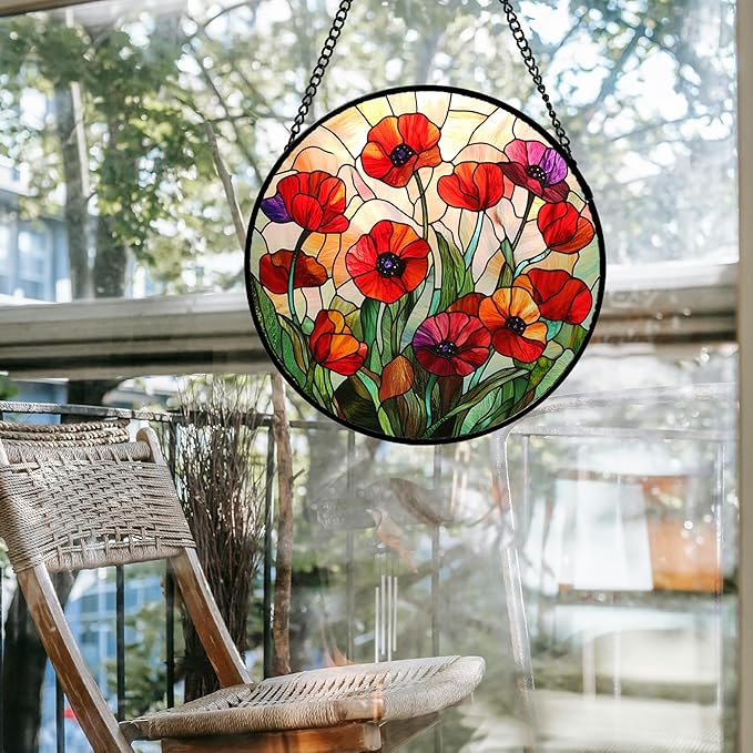 Stained Glass Window Hanging - Poppy Birth Flowers Suncatcher for Door Garden Yard Wildflowers Sun Catchers Decor Christmas Mother's Day Birthday Gifts for Women Mom Nana Friend 9.8 in