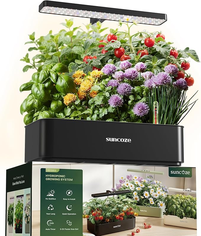SUNCOZE Hydroponics Growing System Kit 12 Pods, 24W LED Grow Light Indoor Garden, 4L Water Tank with Quiet Pump, Adjustable Height Herb Garden Planter Indoor Kit, Gardening Gifts, Black