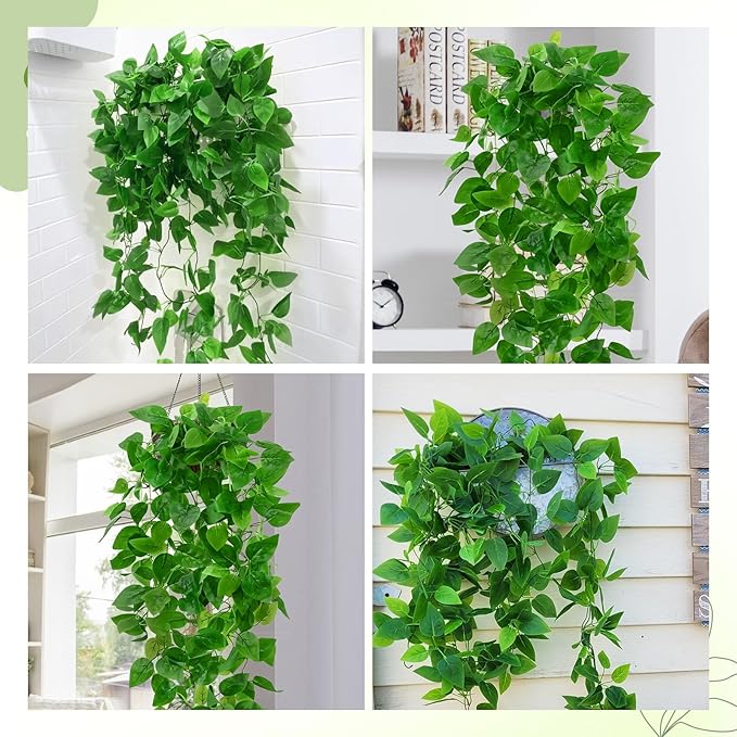 BLEUM CADE 4Pcs Fake Hanging Plants, 9 Branch Artificial Hanging Plant, Lush Faux Pothos Vines for Home Room Wall Shelf Porch Outdoor Indoor Decor (No Baskets)