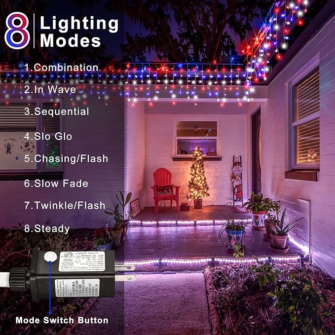 66ft 640LED Red White and Blue Lights for Christmas Decorations Outdoor Icicle Lights for Outside, Clear Wire Connectable Twinkle Light for House Party Holiday Patio Yard