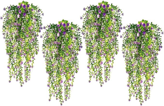 SJL Hanging Greenery 4pcs Realistic Artificial Hanging Plants with Lights Indoor Faux Ivy Plastic Flowers Green Leaves Fake Plants Eucalyptus for Bedroom Party Porch Decor (Purple)