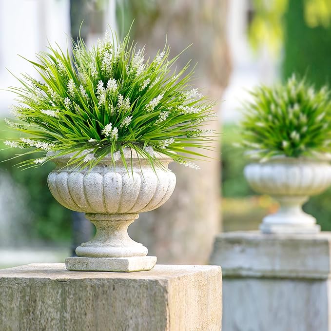 Sggvecsy 12 Bundles Artificial Plants Outdoor Faux Lavender Flowers Fake Monkey Grass UV Resistant Plastic Greenery Plants for Garden Home Porch Window Patio Hanging Planter Indoor Decor (White)