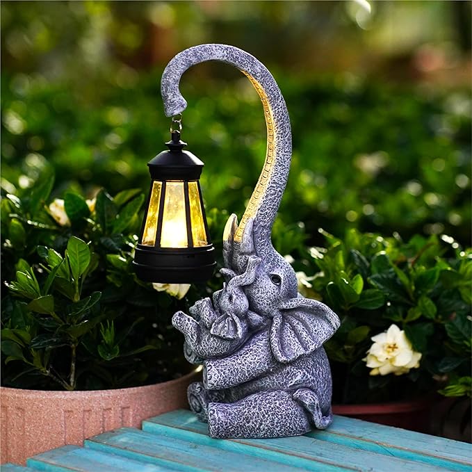 Elephant Outdoor Statues with Cute Baby Garden Decor, Resin Elephant Figurines with Solar Lantern Outdoor Decoration Gifts for Mothers Day, Birthday Day