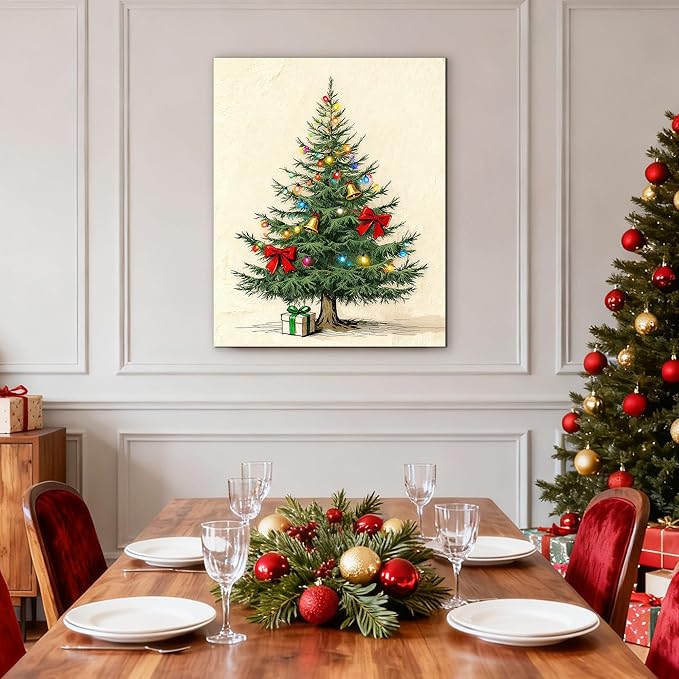 Framed Christmas Pictures Wall Decor,Vintage Pine Tree Prints,Winter Christmas Canvas Wall Art Decoration for Bedroom Bathroom Living Room Rustic Xmas Holiday Gifts (Christmas Tree 9, 20'' X 32'')