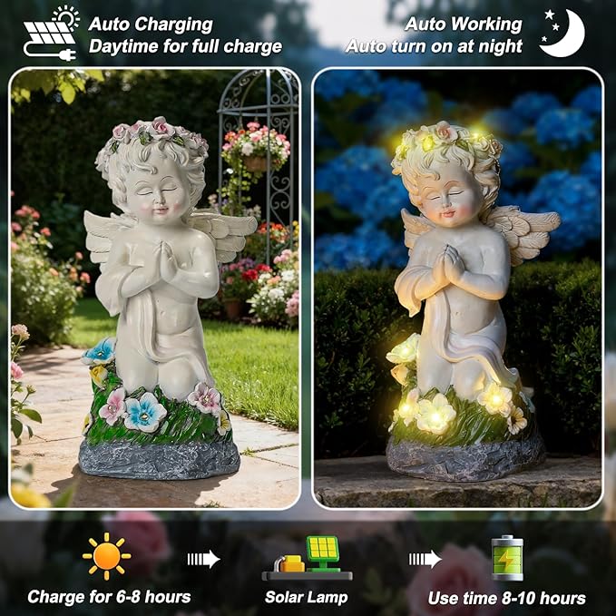 Angel Garden Decor Solar Angel Figurines with Flower Lights Birthday Gifts for Women Angel Statue for Patio Lawn Yard Balcony Home Decor