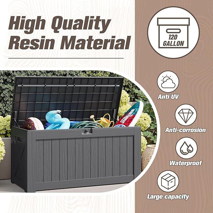 JUMMICO 120 Gallon Resin Deck Box, Large Outdoor Storage Box Waterproof & Lockable for Garden, Patio, Pools (Gray)