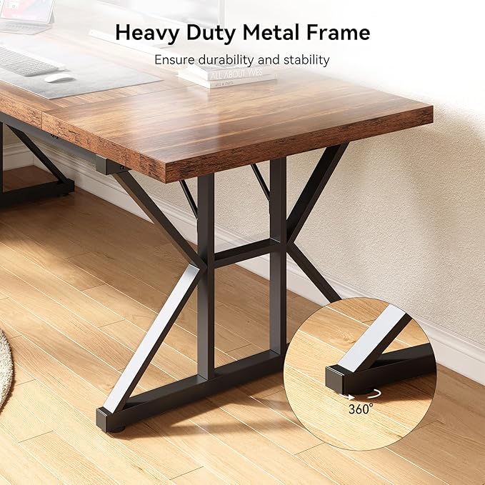 LITTLE TREE 70.8-Inch Office Desk, Wooden Executive Office Desk, Modern Work Desk, Large Farmhouse Writing Table Computer Desk for Home, Brown-Black