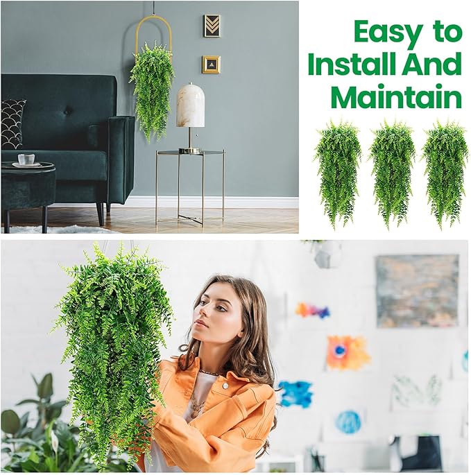 Geosar 48 Pcs Artificial Hanging Plants 32 Inch Hanging Boston Ferns Plastic Fake Plants for Wall Room Garden Wedding Garland Indoor Outdoor Decoration, No Basket
