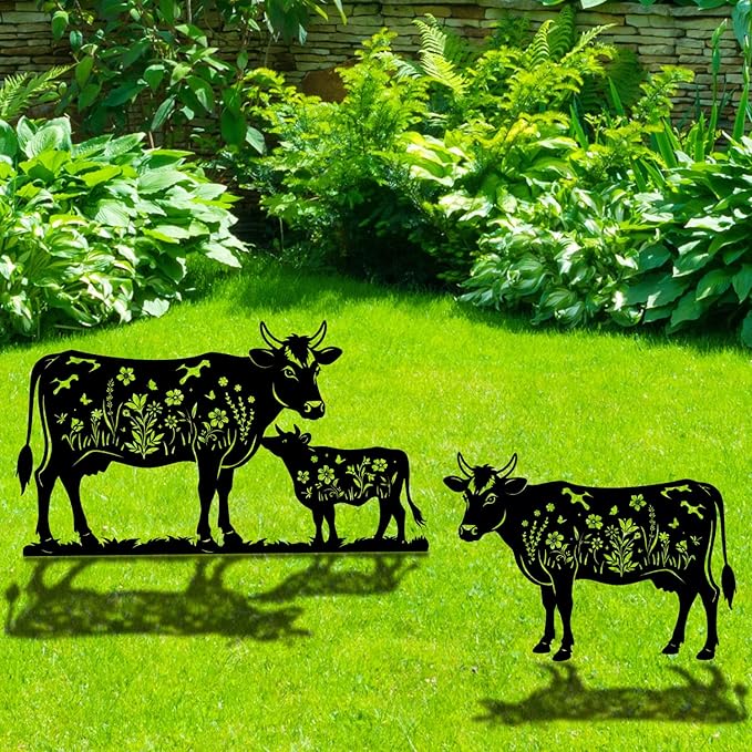 Cow Metal Garden Stakes Yard Decor, 2PCS Black Cow Silhouette Statues Garden Decorative for Women Men Gifts, Cow Gifts for Yard Art, Patio, Outside, Lawn Ornaments, Christmas