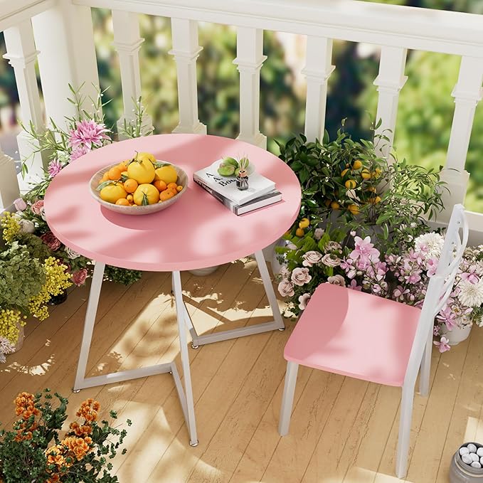 VECELO Small Round Dining Table Set for 2, Wood Tabletop with Strong Metal Frame, Modern Dinette with Chairs for Kitchen, Breakfast Nook Living Room, Pink & White