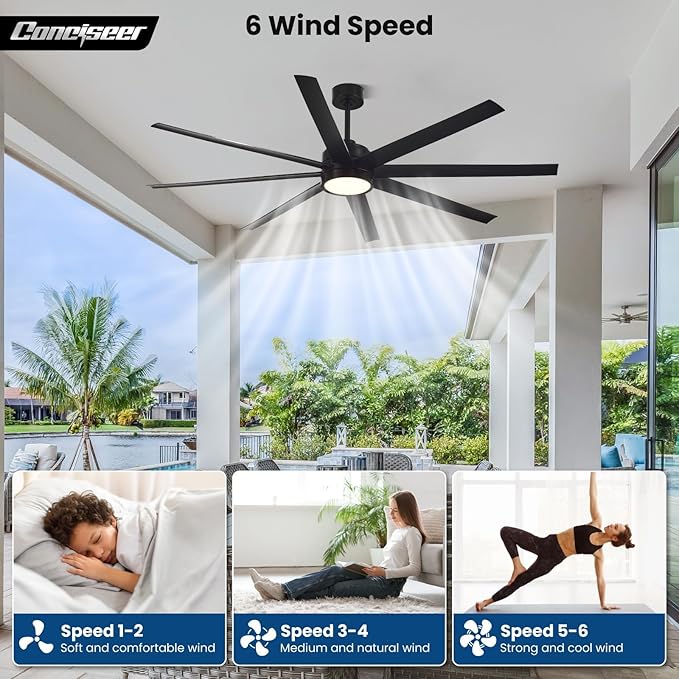 Modern Ceiling Fans with Lights, 72 Inch Ceiling Fan with Light and Remote, Bedroom Living Room Library Cafe Outdoor/Industrial,24W 3CCT Dimmable, 8 Blades 6 Speed Reversible Quiet DC Motor, Black