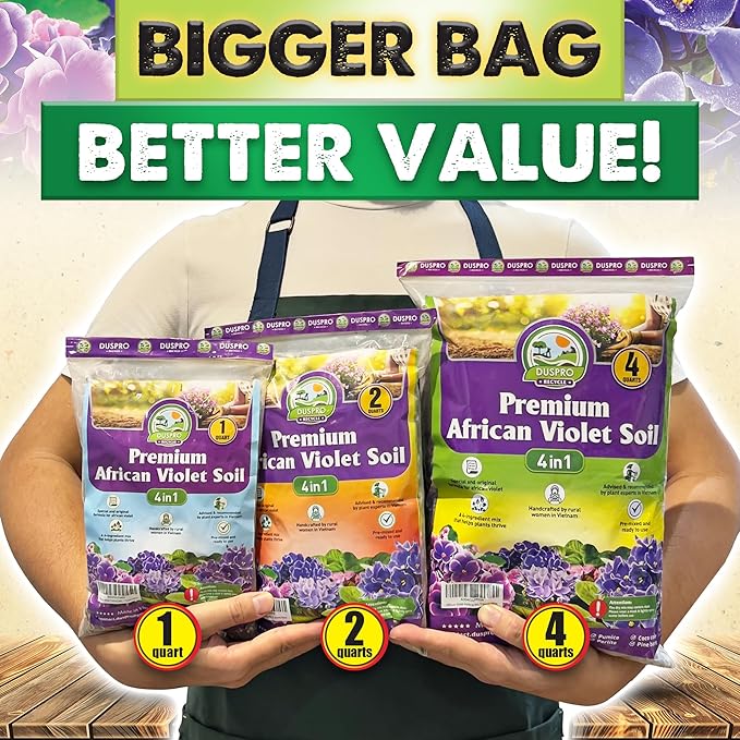 DUSPRO Recycle Premium 4-in-1 African Violet Potting Soil African Violet Soil Blend with Perlite, Coco Peat, Pumice, Pine Bark for Optimal Moisture Retention & Drainage 1QT