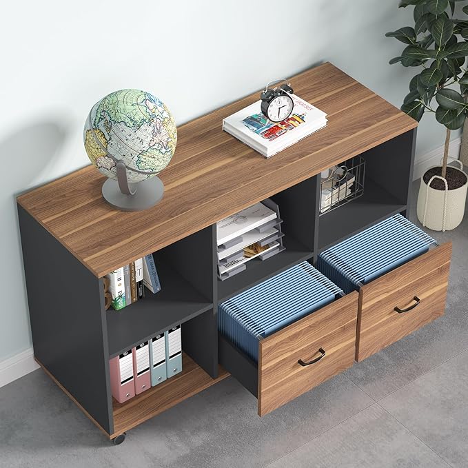 Tribesigns 63-Inch Executive Desk with 47-Inch Mobile File Cabinet, Large Home Office Desk with Drawers and Storage Shelves, L-Shaped Computer Desk Workstation Business Furniture, Walnut & Gray
