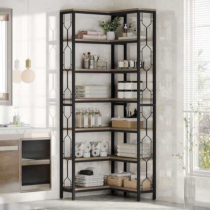 Tribesigns Corner Shelf, 7-Tier Industrial Corner Bookshelf, Wood and Metal Corner Etagere Bookcase, Freestanding Display Shelf for Living Room, Kitchen, Home Office, Gray