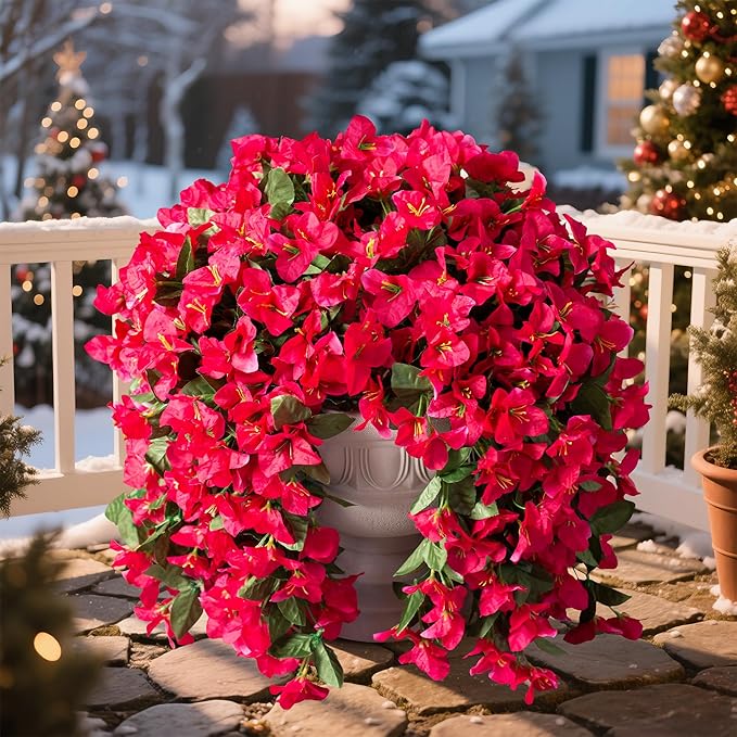 Faux Bougainvillea Artificial Flowers Plants for Outdoors Outside Decoration, 2 PCS Fake Flowers Silk Long Trailing Vines UV Resistant Realistic for Front Door Porch Planter Urn Patio Balcony Hot Pink