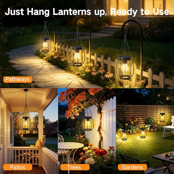 Outdoor Solar Lanterns, Waterproof Vintage Metal Hanging Lights with Warm White LED, Auto On/Off, Brighter Decorative Lanterns for Garden Patio Yard Porch, Gifts for Women Mom, 2 Pack
