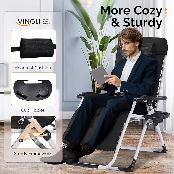 VINGLI Padded Zero Gravity Chair, Lounge Chair with Removable Cushion & Tray， Folding Reclining Patio Chairs， Recliner Chair for Lawn，Indoor Outdoor-Black