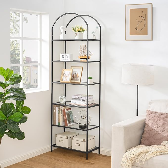 Homhedy Bookshelf Arched Display Racks,Metal Bookcase,Tempered Glass Shelves,Storage Rack Shelf for Home Office,Living Room,Bedroom, Bathroom,Modern Style (Black, 11.8" D x 23.6" W x 73.6" H)