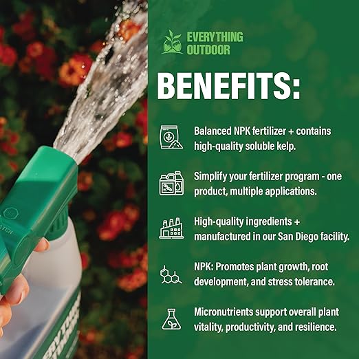 Humboldts Secret Everything Outdoor Plant Food | 5-5-5 Liquid Fertilizer with Norwegian Kelp | All Purpose Lawn, Vegetable & Fruit Food | Garden Nutrients | Refillable Hose End Bottle | 1 Gallon