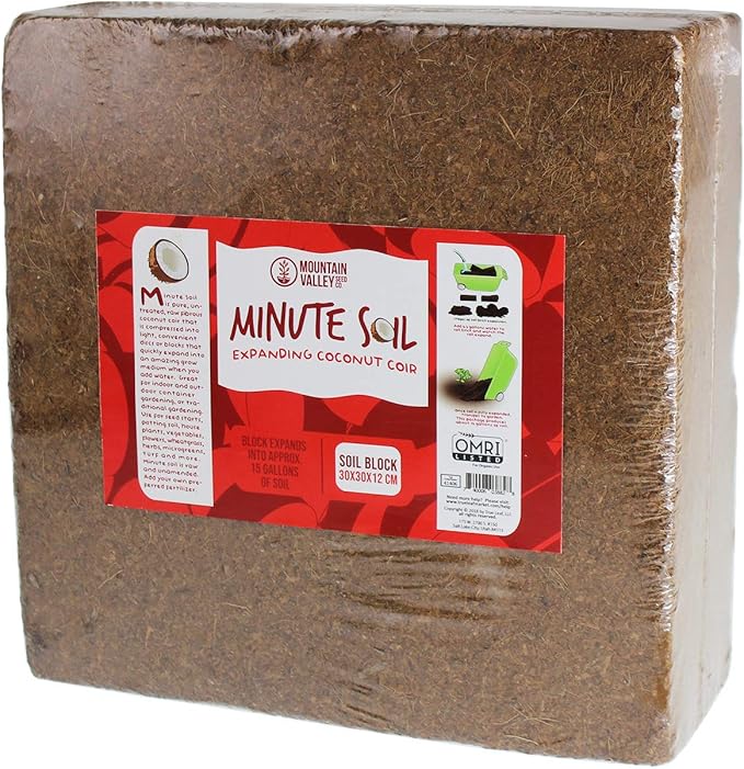 Mountain Valley Seed Company Minute Soil - Compressed Coco Coir Brick, Fiber Grow Medium, Potting Soil Indoor & Outdoor Plants, 1 Block = 15 Gal, Peat Free, OMRI Organic