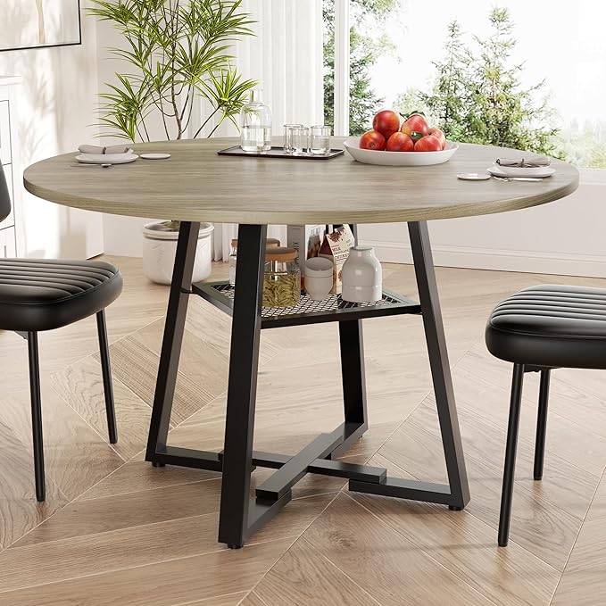 Round Dining Table for 2-4 People,42 Inch Dining Room Table,Modern Circle Kitchen Table with Storage Shelf and Metal Legs for Dining Room,Kitchen,Grey (Table Only)