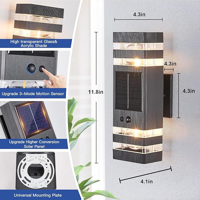 2 Pack Solar Outdoor Wall Lights with 3-Mode Motion Sensor Outside Sconces Up Down Solar Porch Light Fixtures 3000K 500LM Dusk to Dawn Modern Exterior Wall Lamp for House Garage Front Door