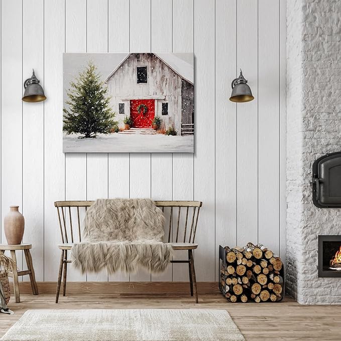 Vintage White Barn & Snowy Tree Winter Landscape Canvas Wall Art - Farmhouse Christmas Framed Canvas Prints, Rustic Christmas Wall Decor for Living Room, Cozy Christmas Gifts & Festive Decorations