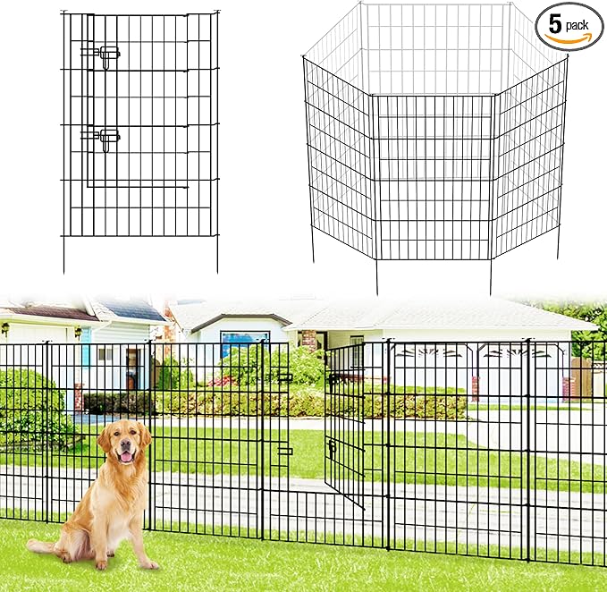 Metal Garden Fence 40 inch H x 28 inch W, 10 Panels (9 Panels + 1Gate), Total 23 ft, No Dig Fence Rustproof Animal Barrier Fencing for Dog, Rabbits, and Patio,Yard