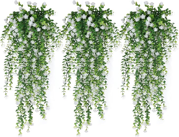 RECUTMS Artificial Hanging Plants Fake Hanging Plant Faux Eucalyptus Leaf Greenery Vine Outdoor UV Resistant Plastic Plants Home Garden Wedding Party Indoor Outdoor Decorations(White)