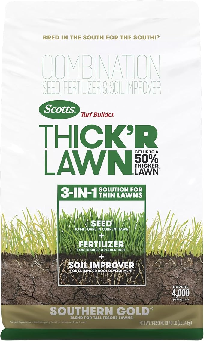 Scotts Turf Builder Thick'R Lawn Southern Gold Blend for Tall Fescue Lawns, Grass Seed, Fertilizer, and Soil Improver, 40 lbs.