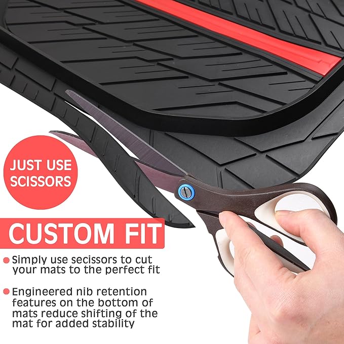 CAR PASS Tire Tread DeepDish Rubber Floor Mats for car Heavy Duty car mats All Weather, Universal XL~M Trim to Fit for Truck SUV Vehicle Automotive, Waterproof car mats 3 Piece (red Black)