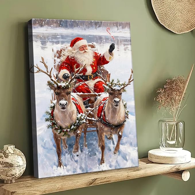 Vintage Santa in Sleigh with Reindeer Christmas Canvas Wall Art - Classic Framed Prints for Living Room & Office, Cozy Winter Snow Scene Nature Decor, Ideal Christmas Gifts & Festive Decorations