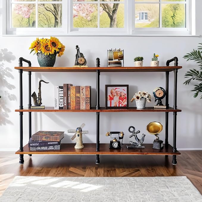 3 Tier Long Industrial Bookshelf, 3 Realwood Industrial Pipe Bookshelf for Living Room, Entry, Office (Rustic Brown, 60" L x 11.8" W x 39" H)