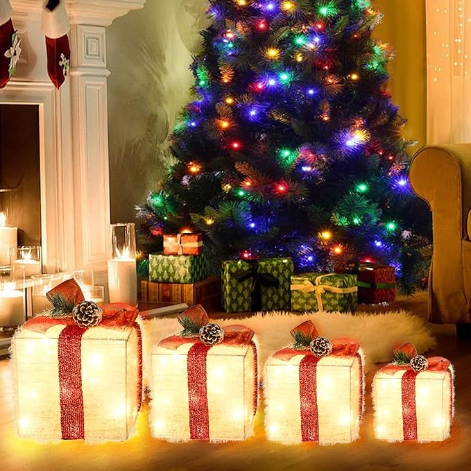 Christmas Lighted Gift Boxes Decorations Set of 4, 3.6Ft Stackable Christmas Nesting Boxes Battery Operated with Timer for Home and Party Decoration