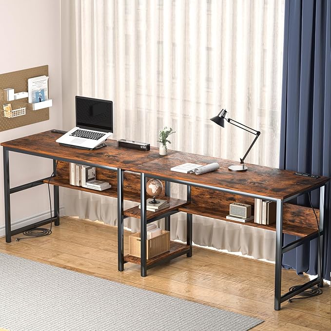 78.74" Two Person Desk with 2 Power Strips, Double Desk with Shelves, Long Computer Desk for Two People, Wood Writing Desk Workstation for Home Office, 23.62"D x 78.74"W x 29.52"H, Rustic Brown