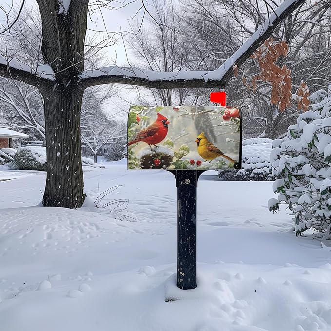 Winter Cardinal Bird Magnetic Mailbox Covers Christmas Branches Snow Mailbox Wraps Standard Size 21 X 18 Post Letter Box Covers Home Garden Outdoor Decorations