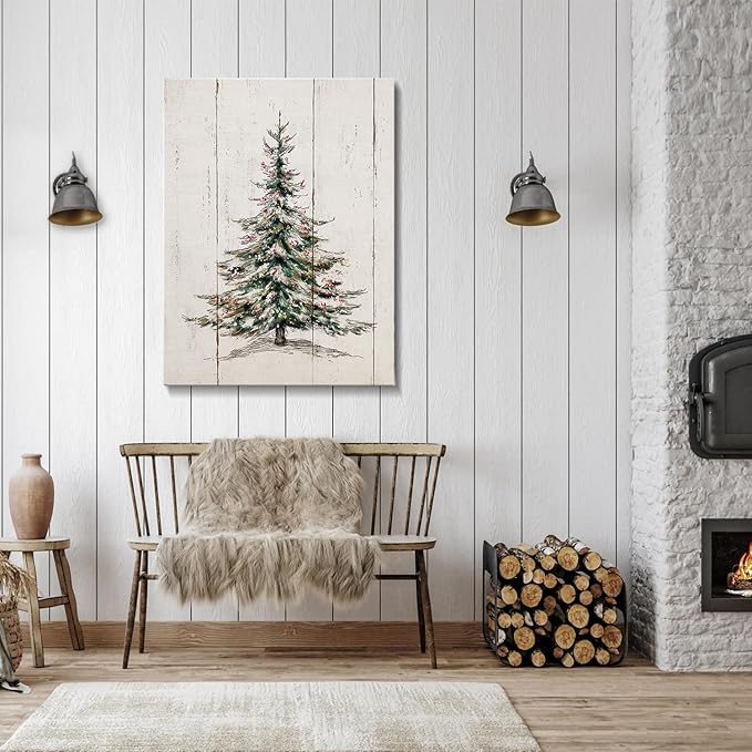Retro Christmas Tree Canvas Wall Art - Vintage Pine Forest Framed Canvas Prints for Farmhouse Living Room, Rustic Christmas Wall Decor, Cozy Winter Decor & Ideal Christmas Gifts