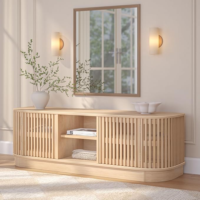 Plank+Beam Contour Wood TV Stand, Solid Wood Entertainment Console with Storage, 59" L x 16" W x 19" H, Blonde